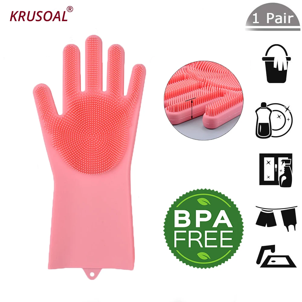 

1 Pair Magic Silicone Rubber Dish Washing Gloves Eco-Friendly Scrubber Cleaning For Multipurpose Kitchen Bed Bathroom Hair Care