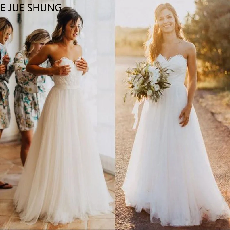 

E JUE SHUNG White Simple Boho Wedding Dresses Sweetheart Lace Appliques A-line Beach Bridal Gowns Robe De Mariee