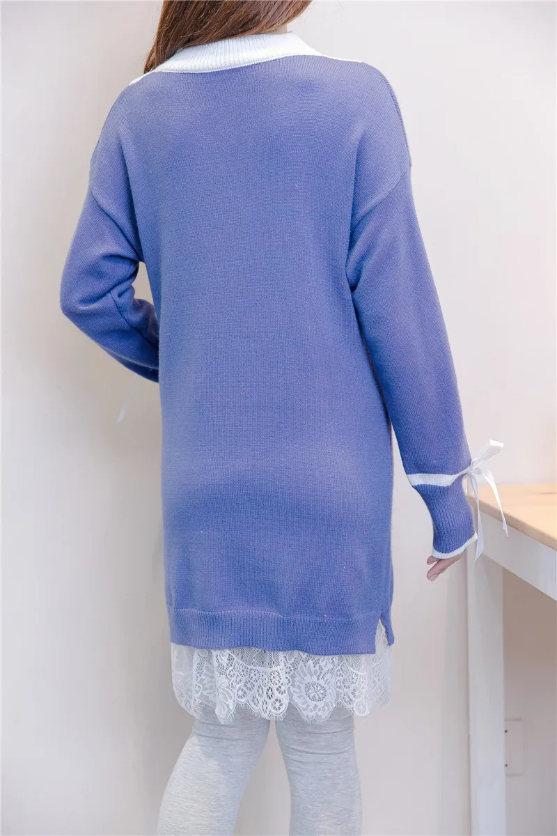 Для беременных Для женщин длинный пуловер зимний вязаный свитер v-образным вырезом контрастного Цвет Повседневное для беременных одежда
