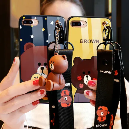 For iPhone 6 6s 6P 6sP 7 8 7p 8p cute bear case blue ray silicone soft back cover with strap tempered glass screen protector