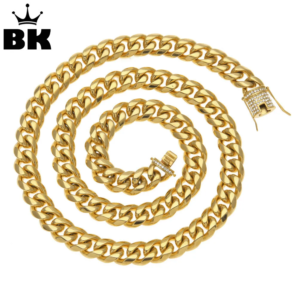 

14mm Gold Filled Curb Cuban Chain Men Hip Hop Stainless Steel Iced Out Rhinestone Link Miami Chain 78cm Long Chain Drop Shipping