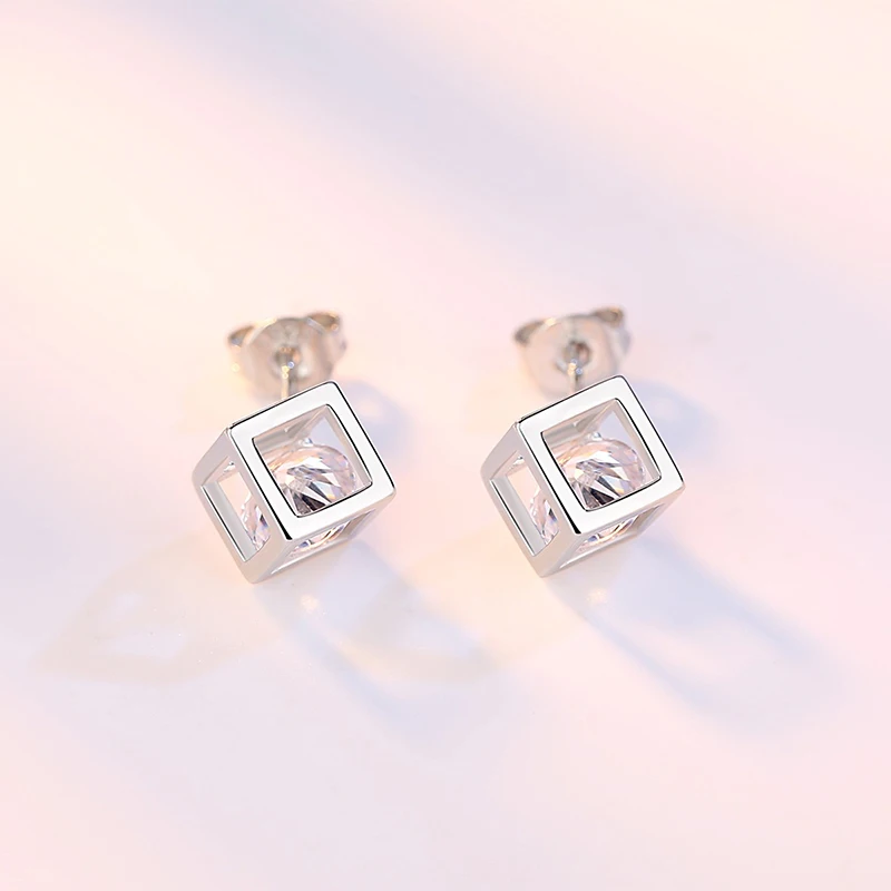 ANENJERY Simple 925 Sterling Silver Zircon Squre Cube Earrings For Women Girl Gift S-E905