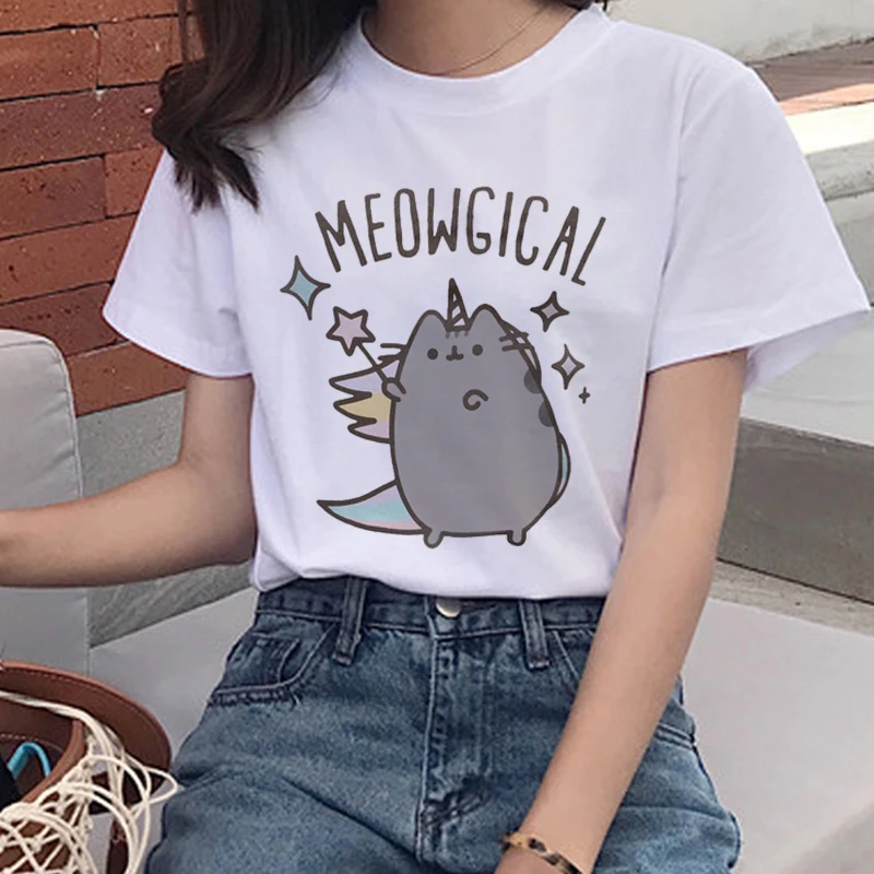 Kawaii Pusheen Cat, женские футболки, Harajuku Ullzang, забавная футболка, 90 s, мультяшный принт, футболка, графический корейский стиль, женские футболки - Цвет: 5529