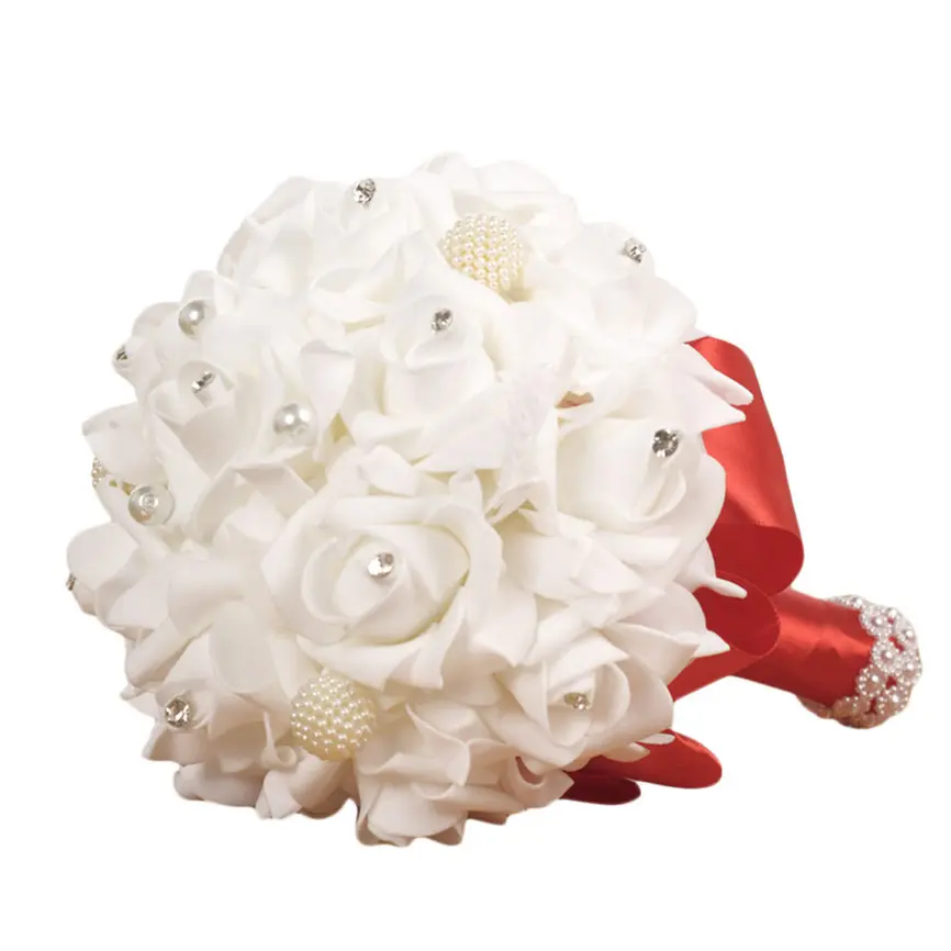 Букет с кристаллами розы жемчуг Невесты Свадебный букет невесты Искусственные Шелковые цветы Прямая поставка Aug#1 - Цвет: Red