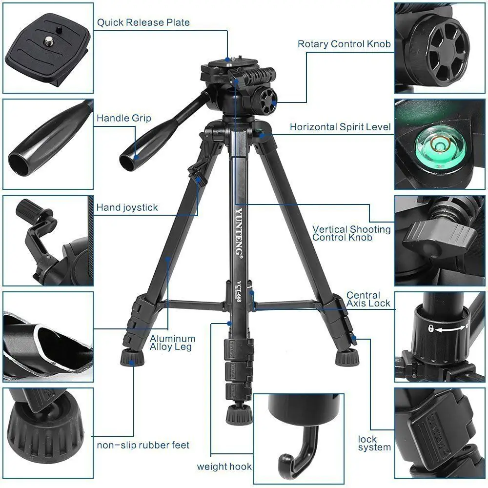RONSHIN VCT-668 Camera Tripod Portable Travel Adjustable Lightweight Tripod for Canon Nikon Sony Olympus DV DSLR SLR