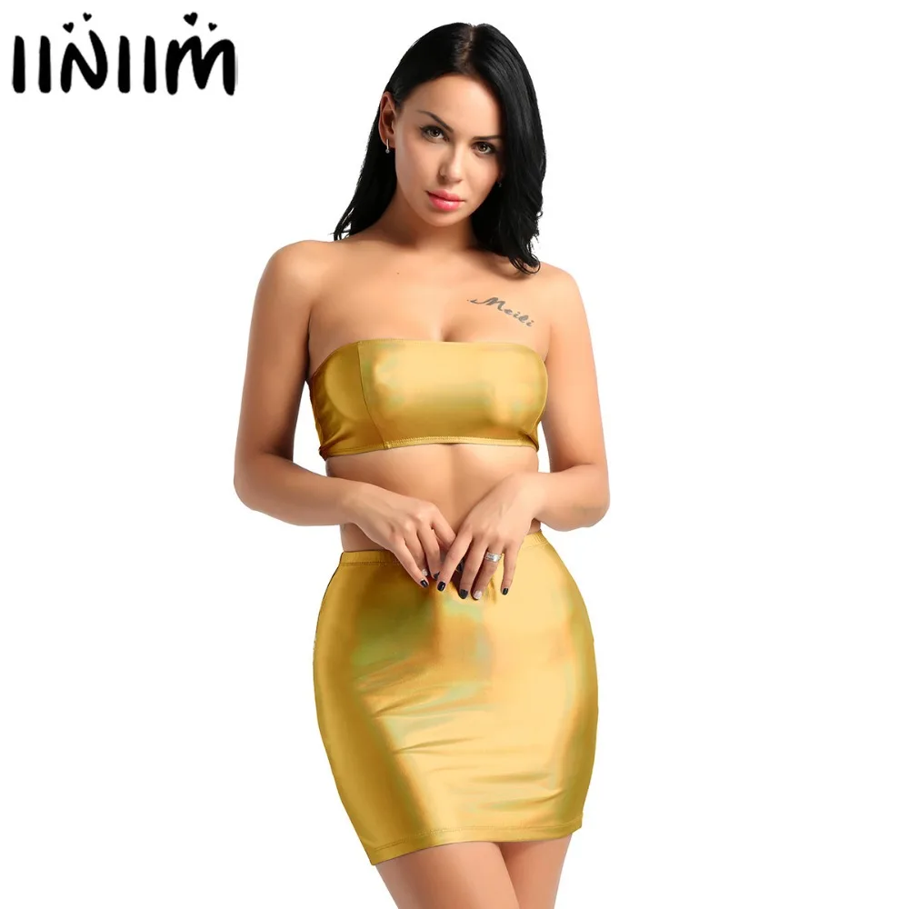 

2Pcs Womens Wetlook Clubwear Punk Sexy Party Set Faux Leather Shiny Metallic Off Shoulder Crop Top with Mini Bodycon Skirt