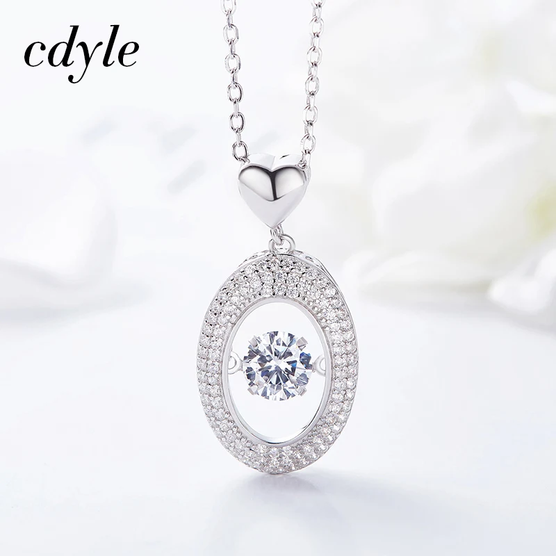 

Cdyle Dancing Stone Pendant Necklace Solid 925 Sterling Silver Oval Shaped Pendant Good for Wedding Bridesmaid Gift CZ Kolye