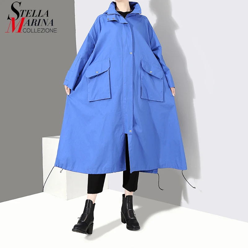 New 2018 Women Long Blue Black Trench Coat Plus Size Outerwear Hooded Zipper Female Casual Windbreaker Overcoat 4007 |