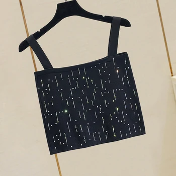 

Color Hot Drilling Knit Suspenders Vest Female Summer New Slim Slimming Bottoming Wear Exposed Navel Tube Top Black