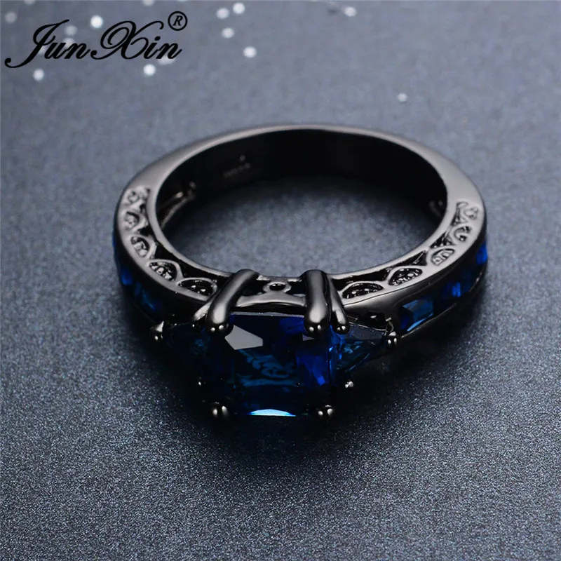 JUNXIN Fashion Square Mens Ring With Blue Zircon Black Gold Filled Geometry Stone Wedding Rings For Men Women Couples Jewelry CZ