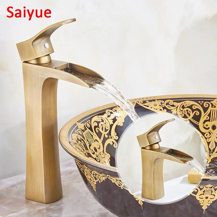 

Single Hole Deck Mounted Bathroom Basin High Countertop Faucet One Handle Vessel Sink Mixing Tap Wide mouth Antique Brass Mixer