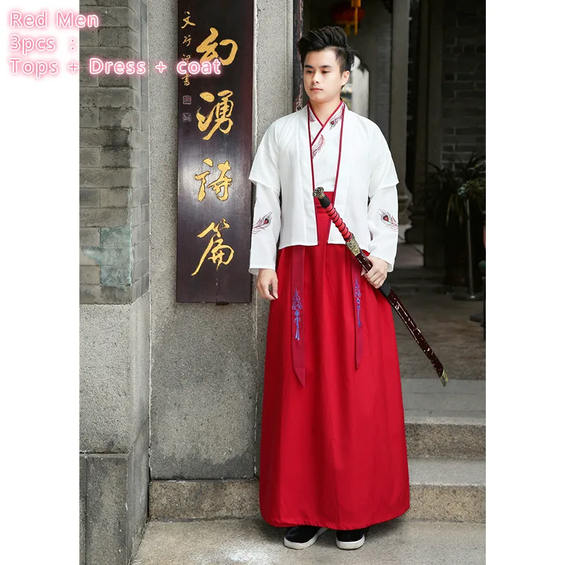 Традиционный китайский Hanfu одежда мужской костюм для выступлений Классическая Династия Тан костюм ханьфу Национальный древний костюм - Цвет: red Men 3pcs