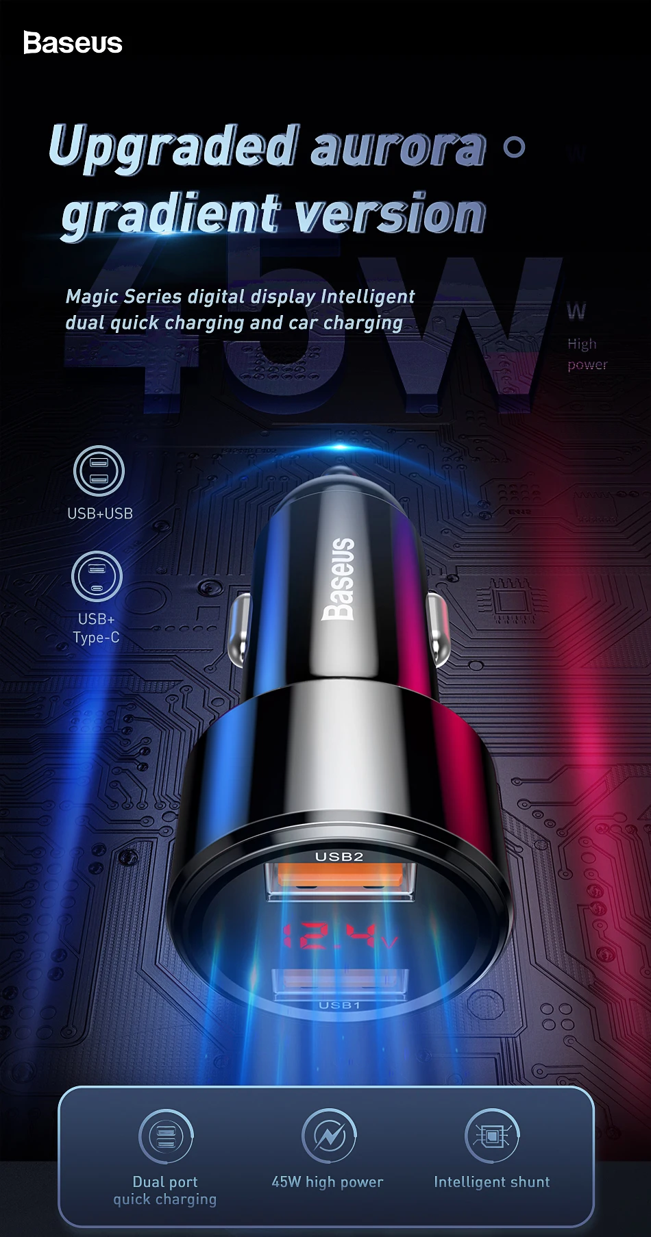 Baseus BS-C20A 45W Quick Charge 4.0 3.0 USB Car Charger For Xiaomi Huawei Supercharge SCP QC4.0 QC3.0 Fast PD