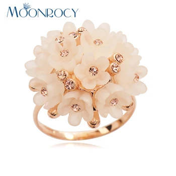 

MOONROCY Drop Shipping Cubic Zirconia Rose Gold Color Fashion Crystal Rings Flower Cymophane Opal Ring for Women Girls Gift