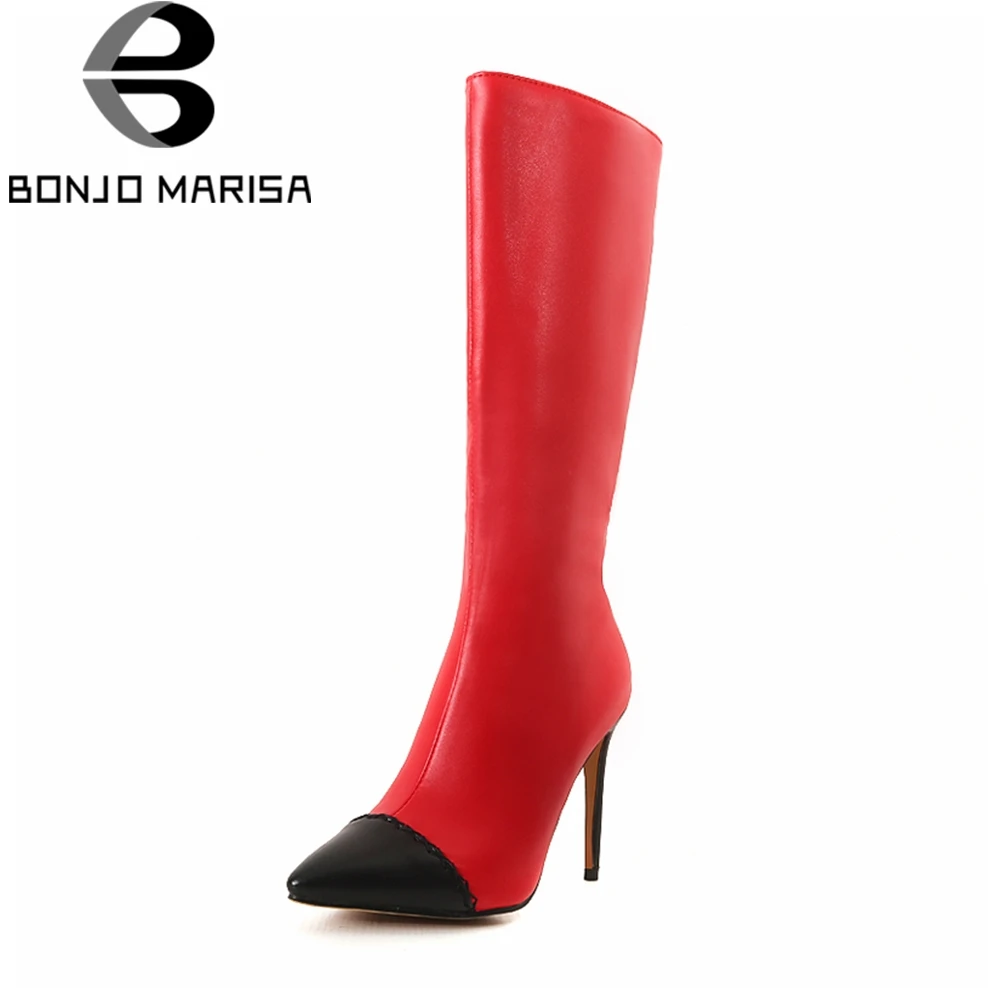 

BONJOMARISA 2018 Autumn Brand mixed-color Pointed Toe mid-calf Boots Women Plus Size 32-46 Super High Thin Heels Shoes Woman