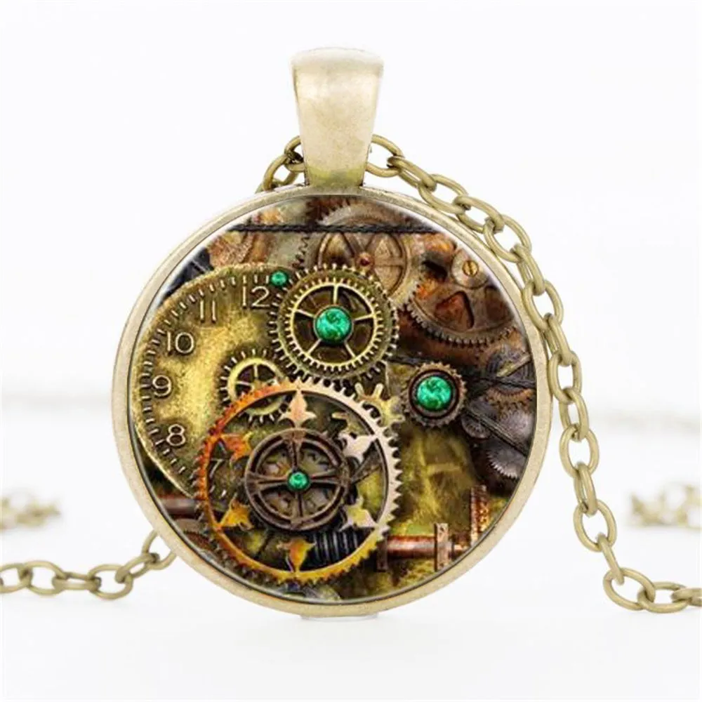 

3 Color Steampunk Gear Surface Glass Art Pendant Chain Necklace