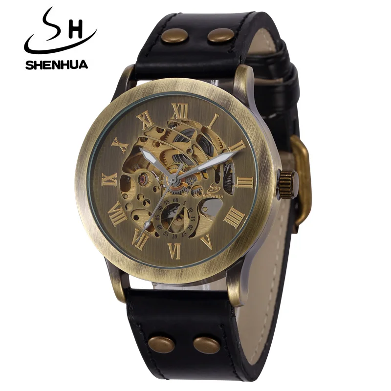 

New Brand ShenHua Vintage Roma Mechanical Watch Men Antique Bronze Skeleton Automatic Mechanical Watch Leather Strap Wristwatch