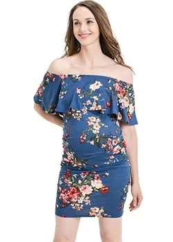 

2019 Summer Maternity Dress with A Word Collar Stretch Slim Print Knee-length Dress Women's Pregnancy Wrapped Chest Dress
