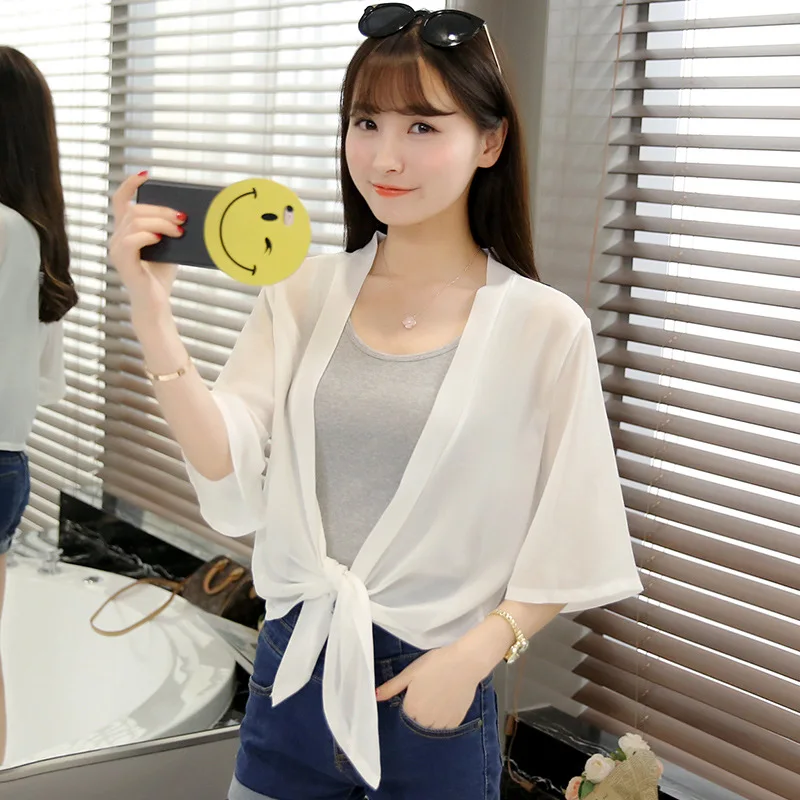 

MLXSLKY Chiffon shawl female summer short cardigan beach sun protection clothing womens thin cardigan