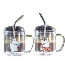 Фотография Cute cartoo High Borosilicate mooming With Cover Straw Glass Cup Originality  Flower Receptacle Kids Adult Water Milk Drink Mug 