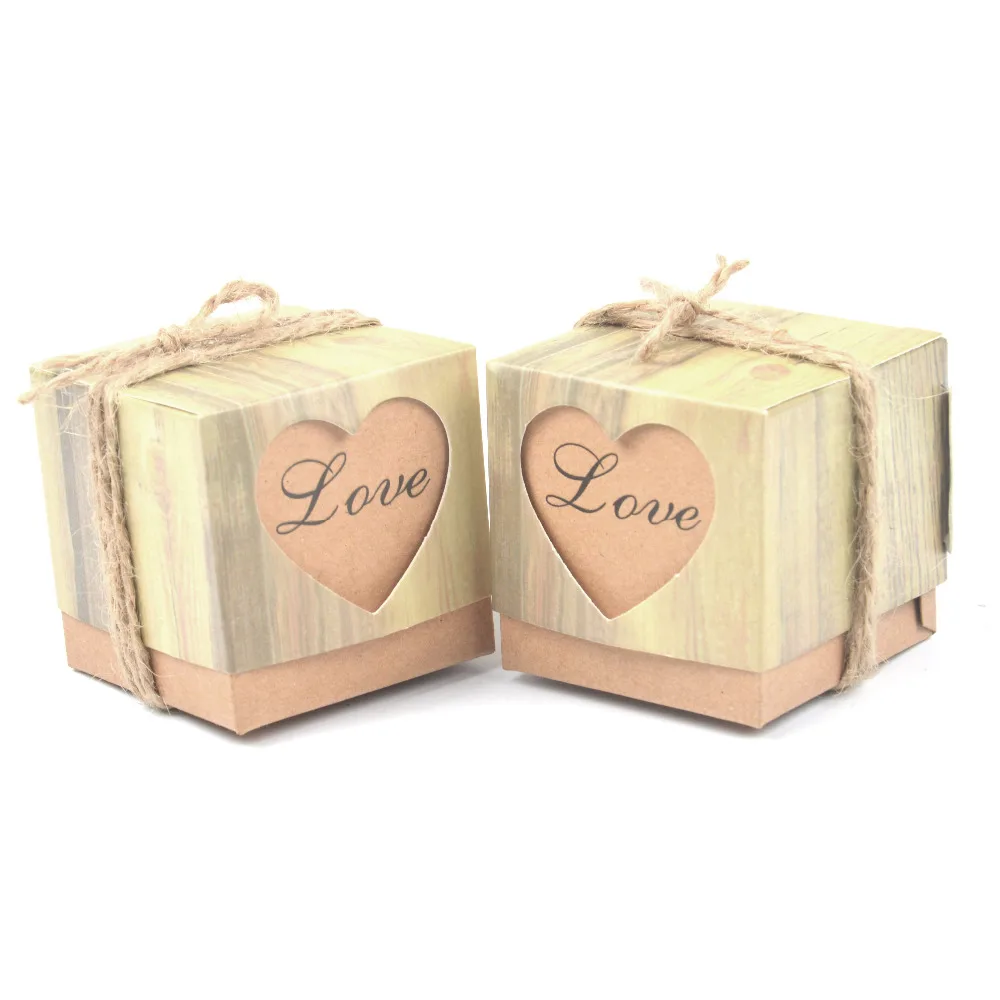 

50pcs Romantic Heart paper chocolate Candy Box for Wedding Decoration Vintage Kraft Wedding Favors Gifts bag with Burlap Twine