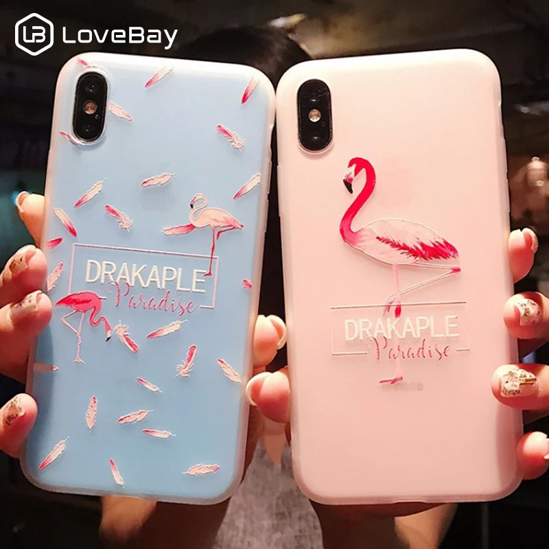

Lovebay Case For iPhone 7 8 X 6 6s Plus Flamingos Feather Phone Case For iPhone 7 8 3D Relief Soft TPU Silicon Back Cover Cases
