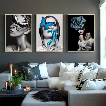

Print Abstract Figure Canvas Painting Butterfly Flower Women Girl Poster For Home Living Room Bedroom Wall Decor Art Painting