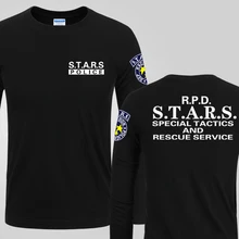 Mens Casual Resident Evil 6 S.T.A.R.S Logo Leon T-shirts Long Sleeve Cotton O-Neck Printing Tee Shirts