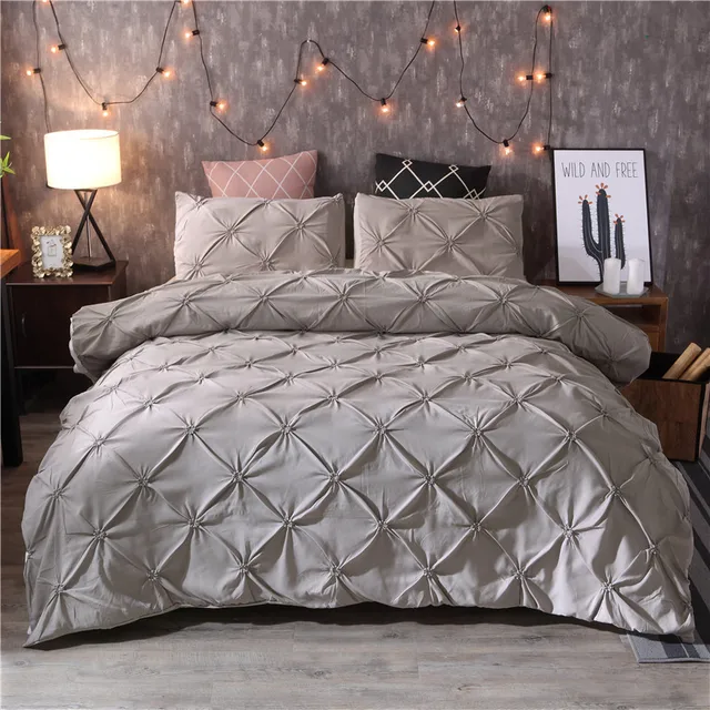 Luxury Duvet Cover Set Grey Pinch Pleat 2 3pcs Twin Queen King Size