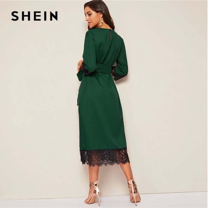 SHEIN أنيق العباءة الأخضر رمش الدانتيل تنحنح مربوط تونك فستان طويل المرأة أنيقة الصلبة الصيف الخريف مكتب سيدة مستقيم فساتين