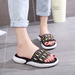Kjstyrka 2018 брендовые дизайнерские Для женщин тапочки летние со стразами Женская обувь на плоской подошве прогулочная обувь женские пляжные