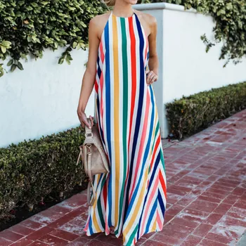 

Plus Size Dress 2019 women Summer Boho Halter Maxi Dresses Ladies Stripe Casual Loose Sleeveless Dress Strappy Backless
