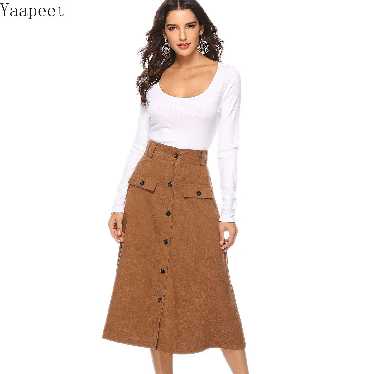 

2019 New Vintage High Waist Large Swing Skirt Women Button Pocket Mid-calf Skirt Women Khaki Elegant Stretch Office A-line Skirt