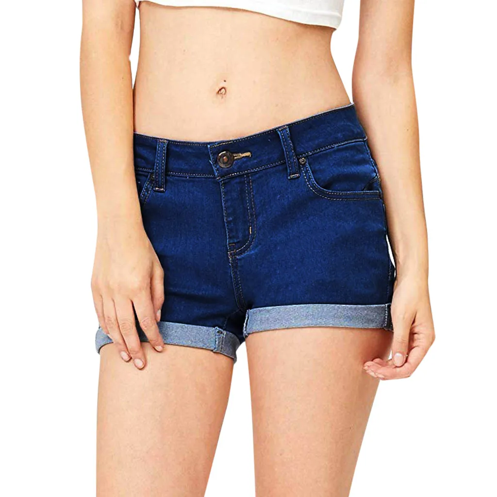

Women Low Waisted Washed Solid Denim Shorts Plus Size Slim Stretch Turn Ups Hot Shorts Female Jeans Shorts