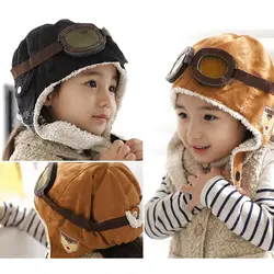 Детские Earflap малыша Шапки с бархатом, пилота шапки мальчики, полет Шапки для осени и зимы Комплекты детской одежды подарки