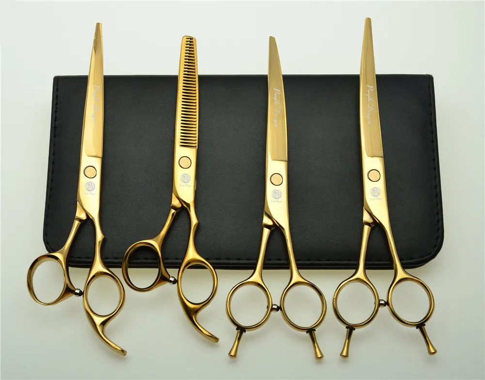 4Pcs Suit 7 Inch 19.5cm Golden Professional Hair Hairdressing Scissors Cutting Shears + Thinning