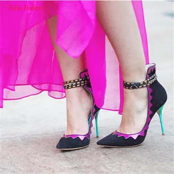 

New Style Ethnic Women Pumps Pointed Toe Stiletto High Heels Mixed Color Patch Buckle Strap Women Shoes Woman Zapatos Mujer