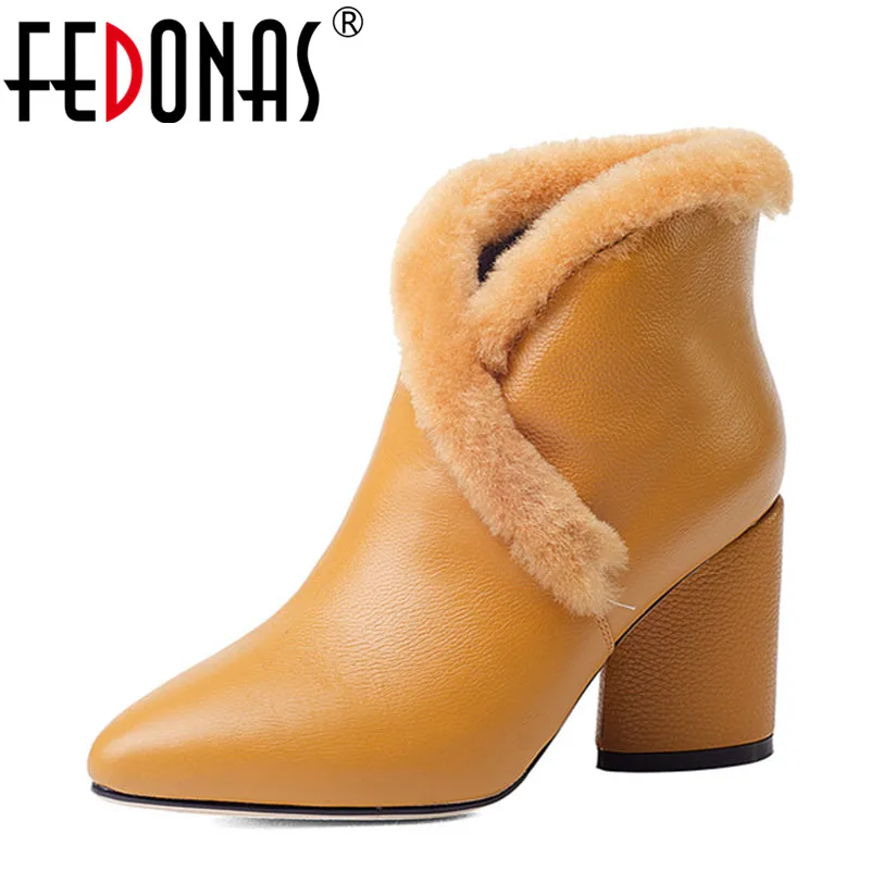 

FEDONAS Women Boots Thick Heel Genuine Leather Wool Shoes Woman Autumn Winter Sexy Pointed Toe Snow Boots Women Ankle Boots