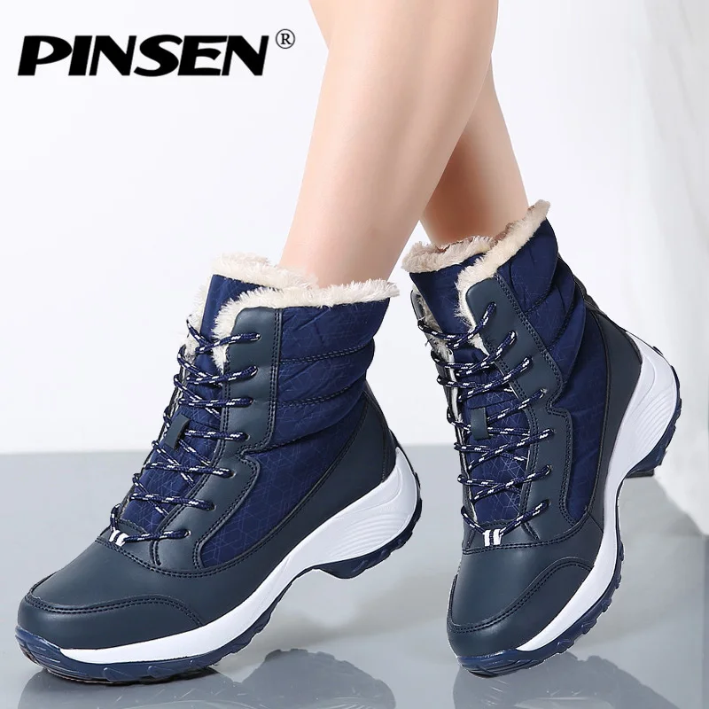 

PINSEN 2019 Winter Women Snow Boots Mid-Calf Platform Ankle Boots Lace Up Round Toe Flat with Winter Warm Fur Ankle Boots