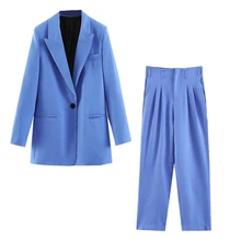 ^#Cheap 2019 suit set female casual blue long section one button suit jacket high waist straight pleated trousers casual pants two-piece ^#Cheap 2019 suit set female casual blue long section one button suit jacket high waist straight pleated trousers casual pants two-piece