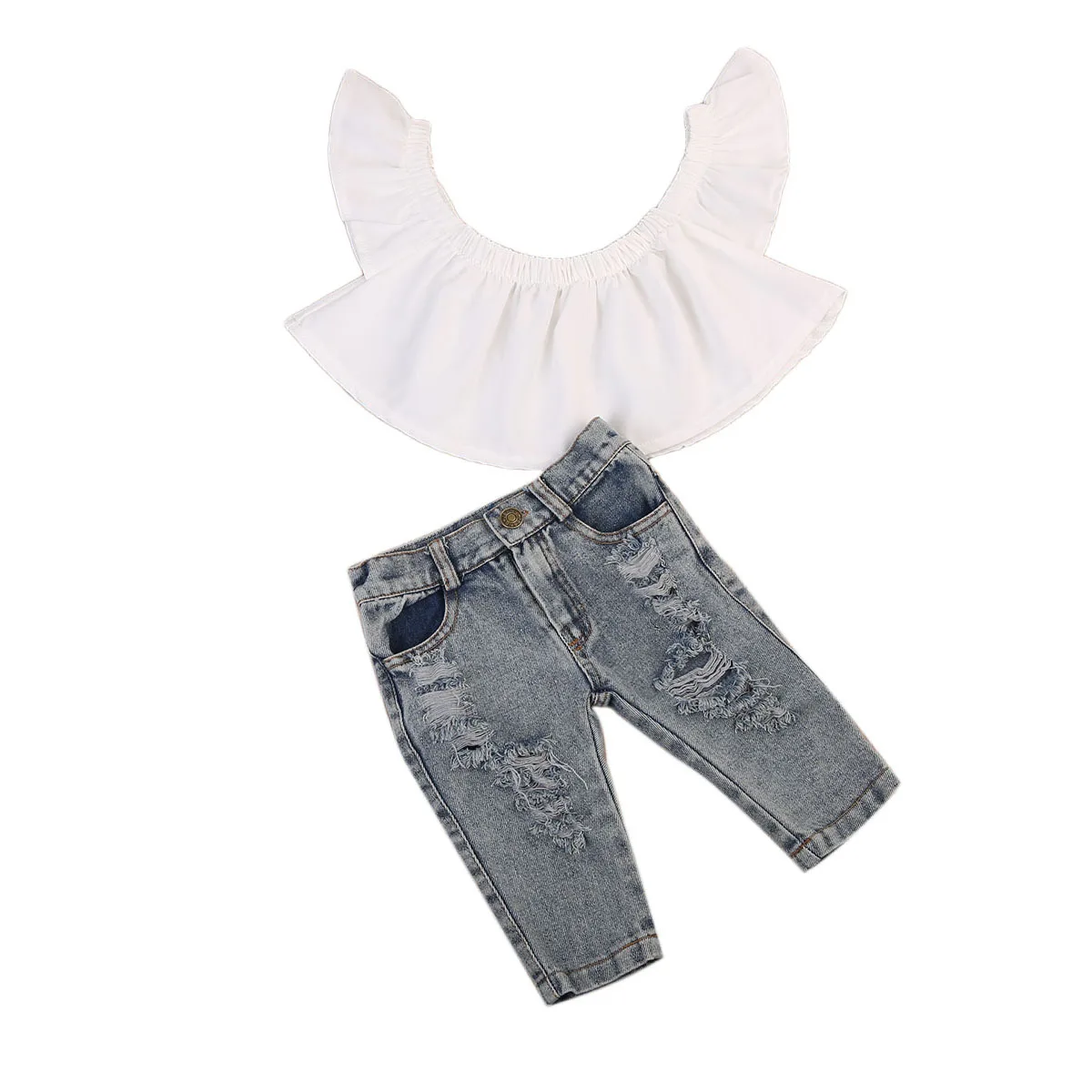 

Newborn Baby Girls Clothes Sets Flutter Off Shoulder Tops Short Sleeve Holes Denim Pants Outfits Clothing Girl