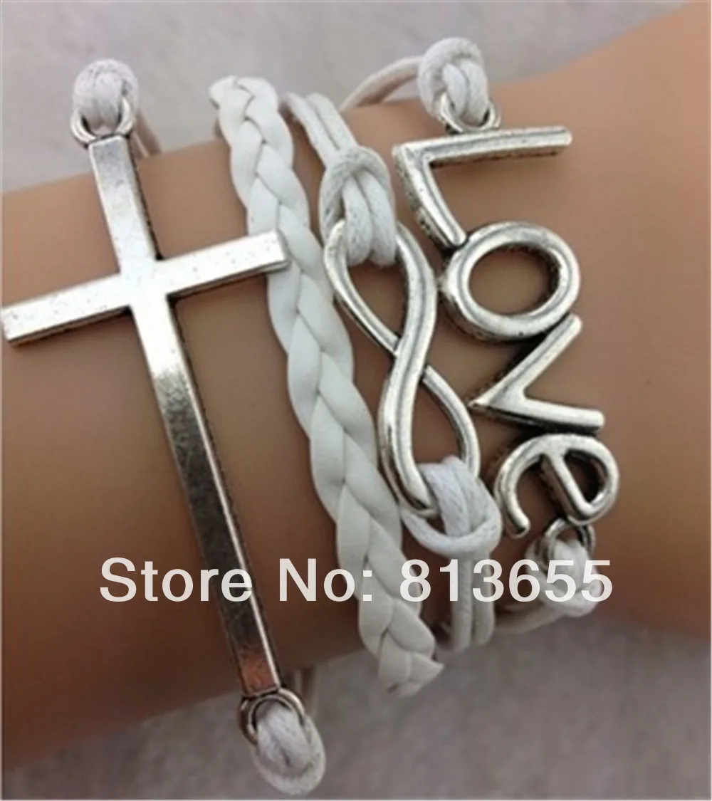 Handmade retro design infinity love cross white leather braided Rope Wrap Bracelet fashion jewelry BF89 | Украшения и аксессуары