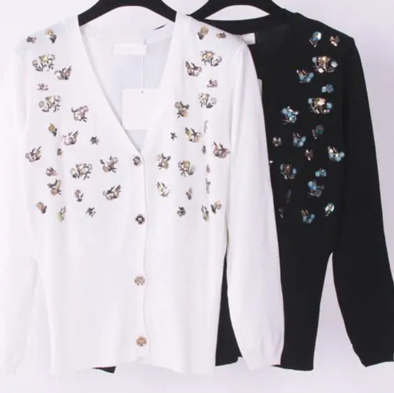 

Spring and Autumn New V-neck sequined embroidery short knitted waist Slim single breasted cardigan sweater women