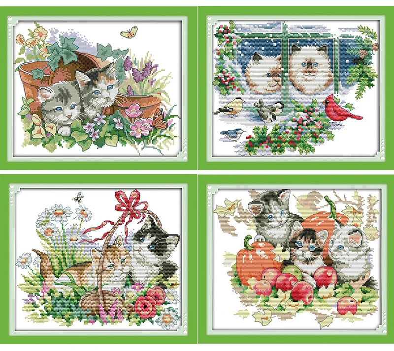

Two happy family Printed Canvas DMC Counted Cross Stitch Kits printed Cross-stitch set Embroidery Needlework