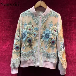 Svoryxiu Autumn Winter designer luxury Pink Jackets Coat Women's Elegant Beading Flower Print Jacquard Casual Jackets Outwear Svoryxiu Autumn Winter designer luxury Pink Jackets Coat Women's Elegant Beading Flower Print Jacquard Casual Jackets Outwear