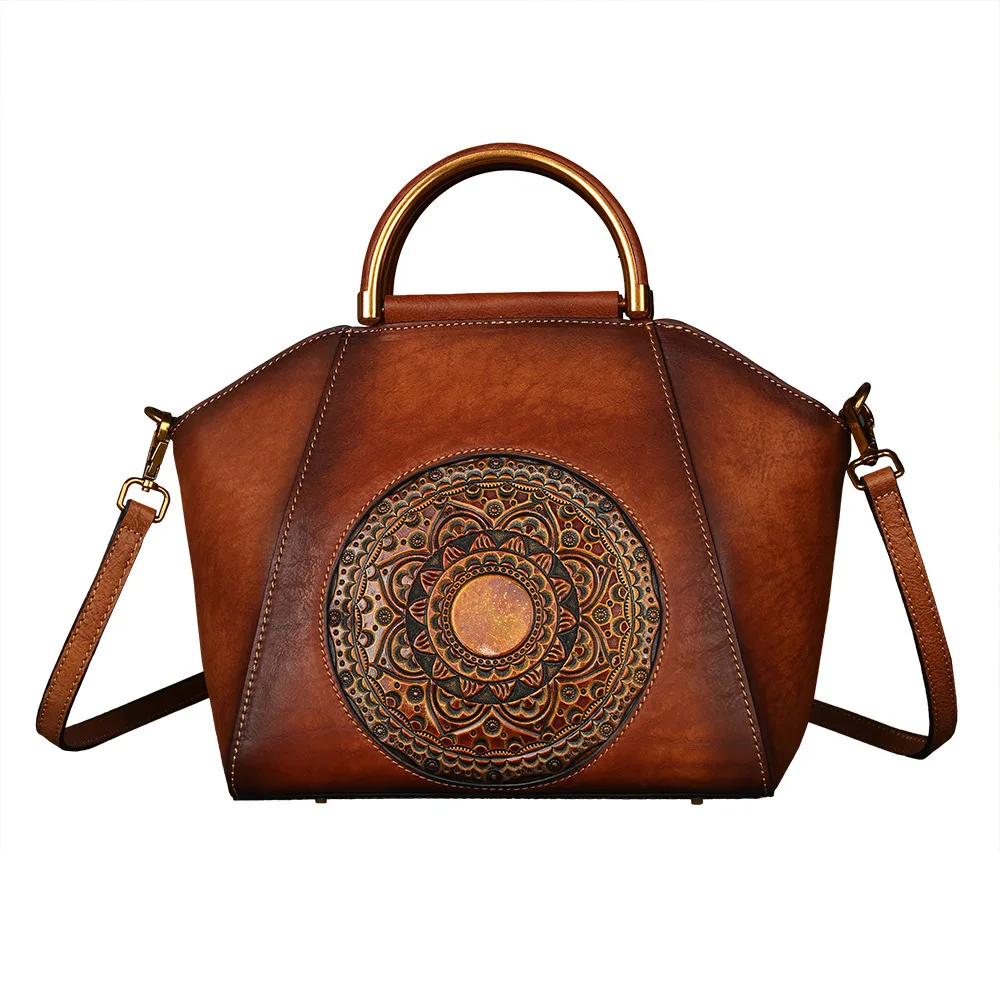 

High Quality Real Cowhide Women Shoulder Tote Bags Retro Handbag Totem Pattern Genuine Embossed Leather Messenger Top Handle Bag
