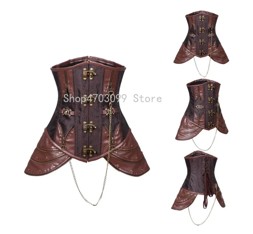 

Gothic Steampunk Corset Underbust Spiral Steel Boned zipper+chains Clubwear Bustier push up lingerie