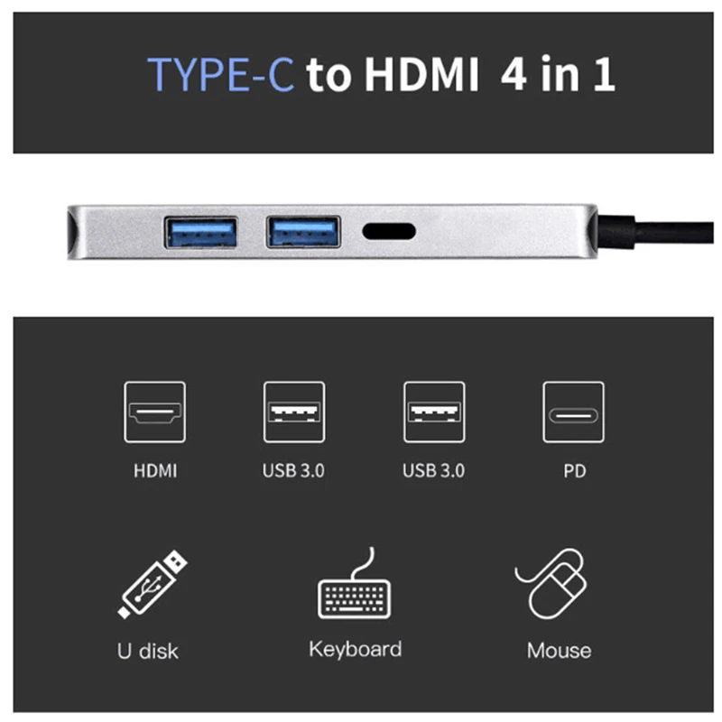 4 в 1 Тип C концентратор к HDMI 4K 2USB 3,0 и зарядка PD порт USB C многопортовый адаптер