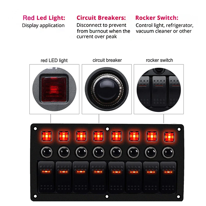 8 Gang Switch Panel Waterproof 12V Car Auto Boat Marine Red Led Rocker