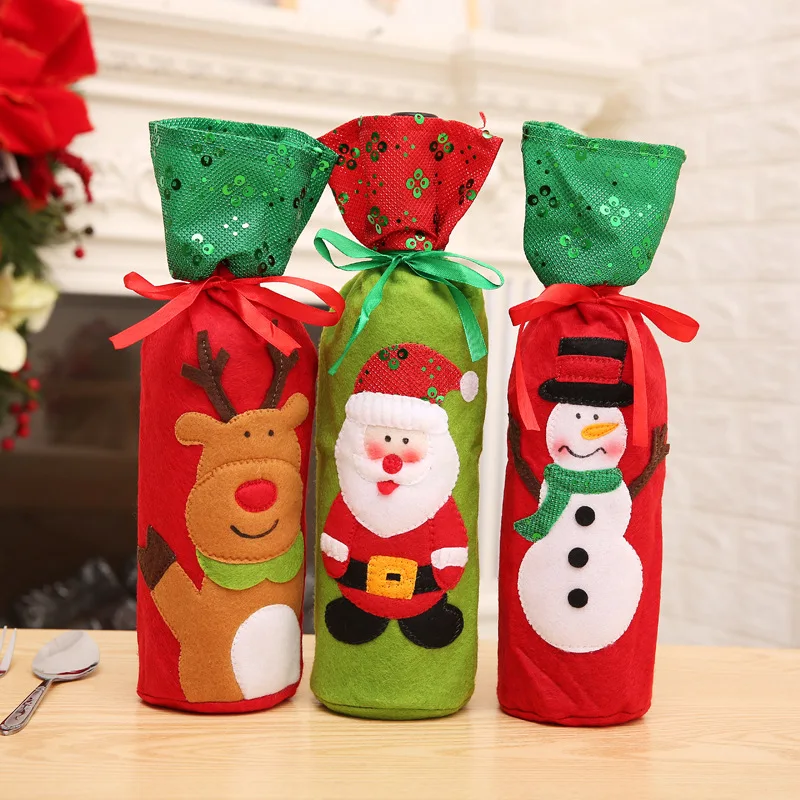 

1PC Home Dinner Party Table Decors Wine Sequins Wine Set Cover Christmas Decorations Santa Claus Snowman Gift Party Supplies
